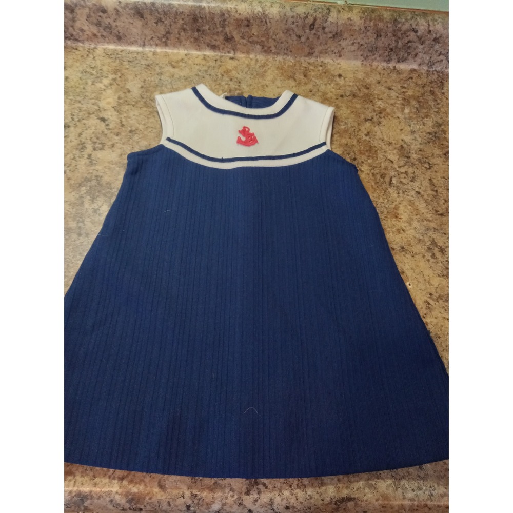 Vintage Girls Navy Blue Sailor Dress Sleeveless Red Anchor Nautical Ribbed Knit